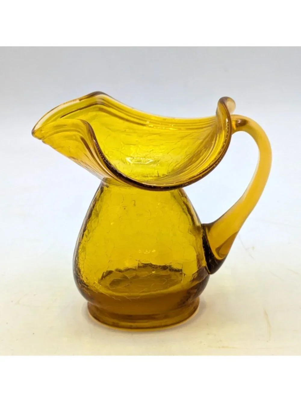 Vintage Hand Blown Crackle Glass Yellow Amber Mini Pitcher Creamer 3